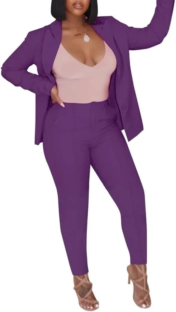 Women Open Front Long Sleeve Blazer and Pants Set Sexy Bodycon Business Pants Suit Formal 2 Piece Outfits