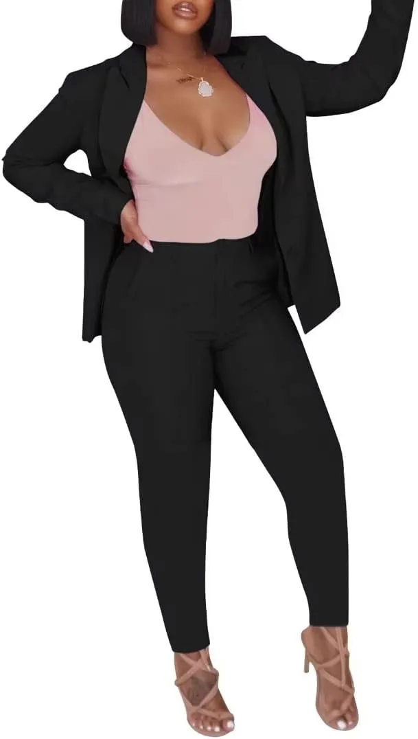 Women Open Front Long Sleeve Blazer and Pants Set Sexy Bodycon Business Pants Suit Formal 2 Piece Outfits