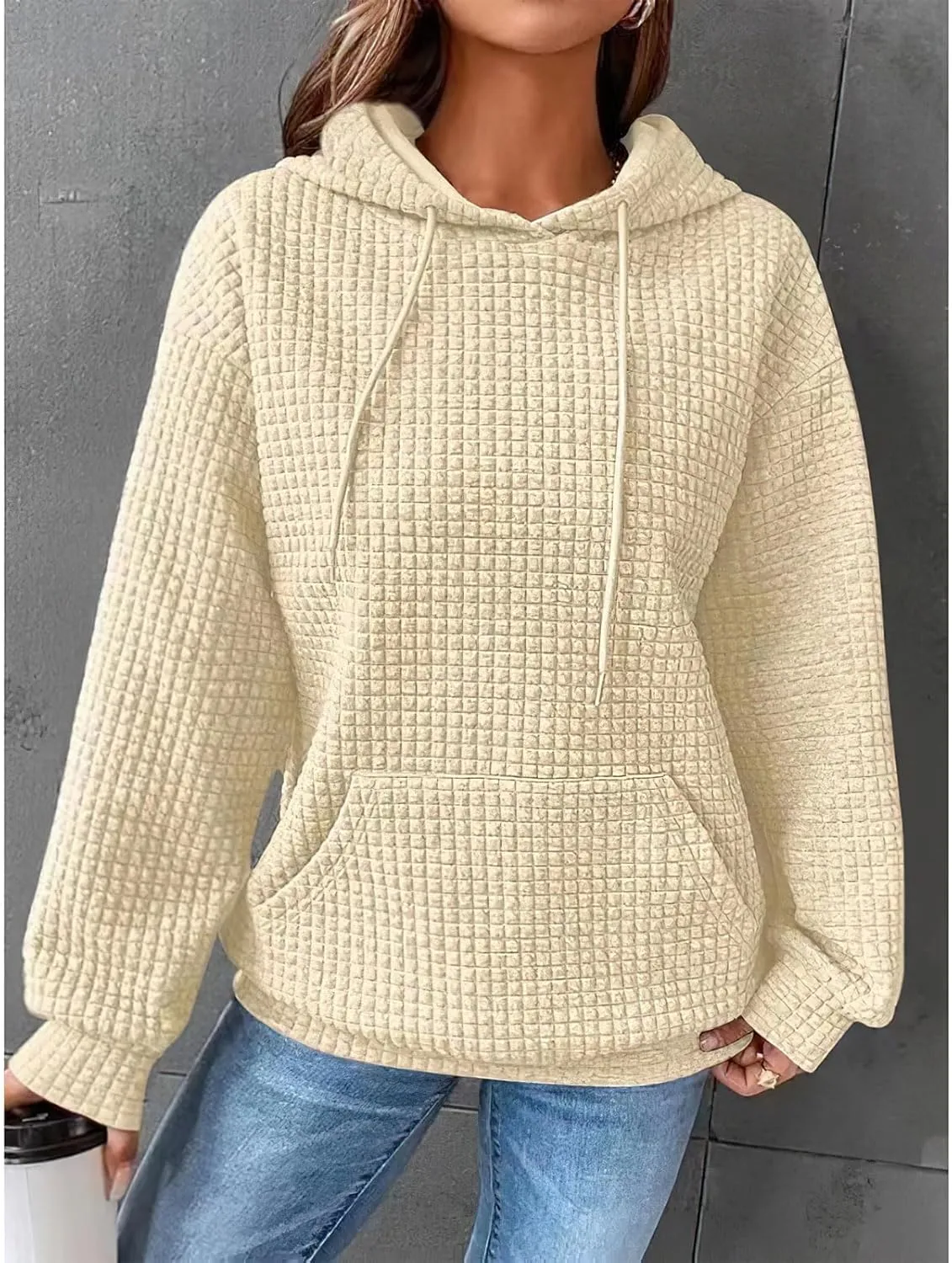 Women Oversized Hoodies Casual Basic Waffle Long Sleeve Pullover Top Solid Hooded Sweatshirt with Pocket