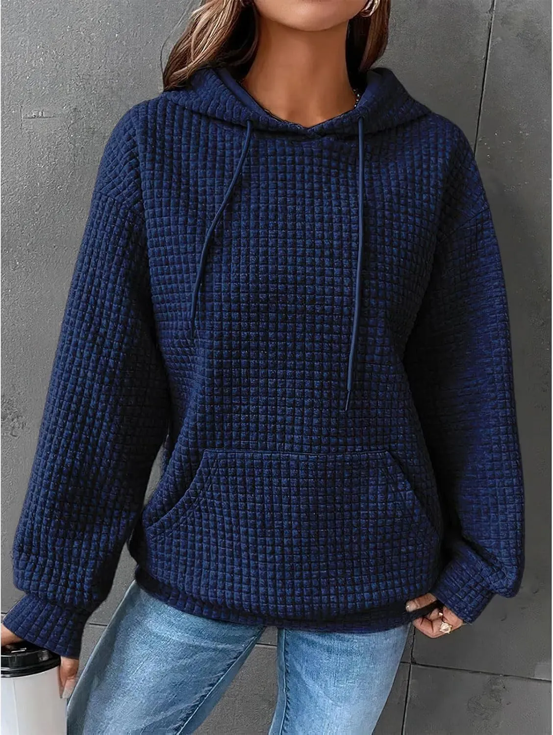 Women Oversized Hoodies Casual Basic Waffle Long Sleeve Pullover Top Solid Hooded Sweatshirt with Pocket