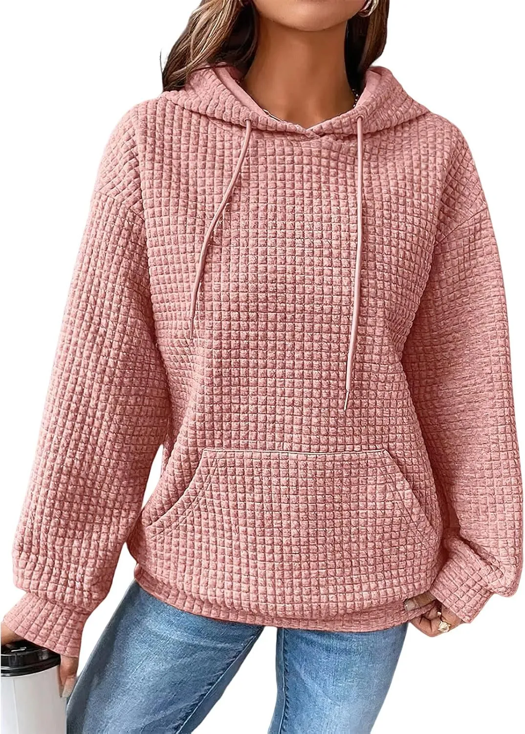 Women Oversized Hoodies Casual Basic Waffle Long Sleeve Pullover Top Solid Hooded Sweatshirt with Pocket