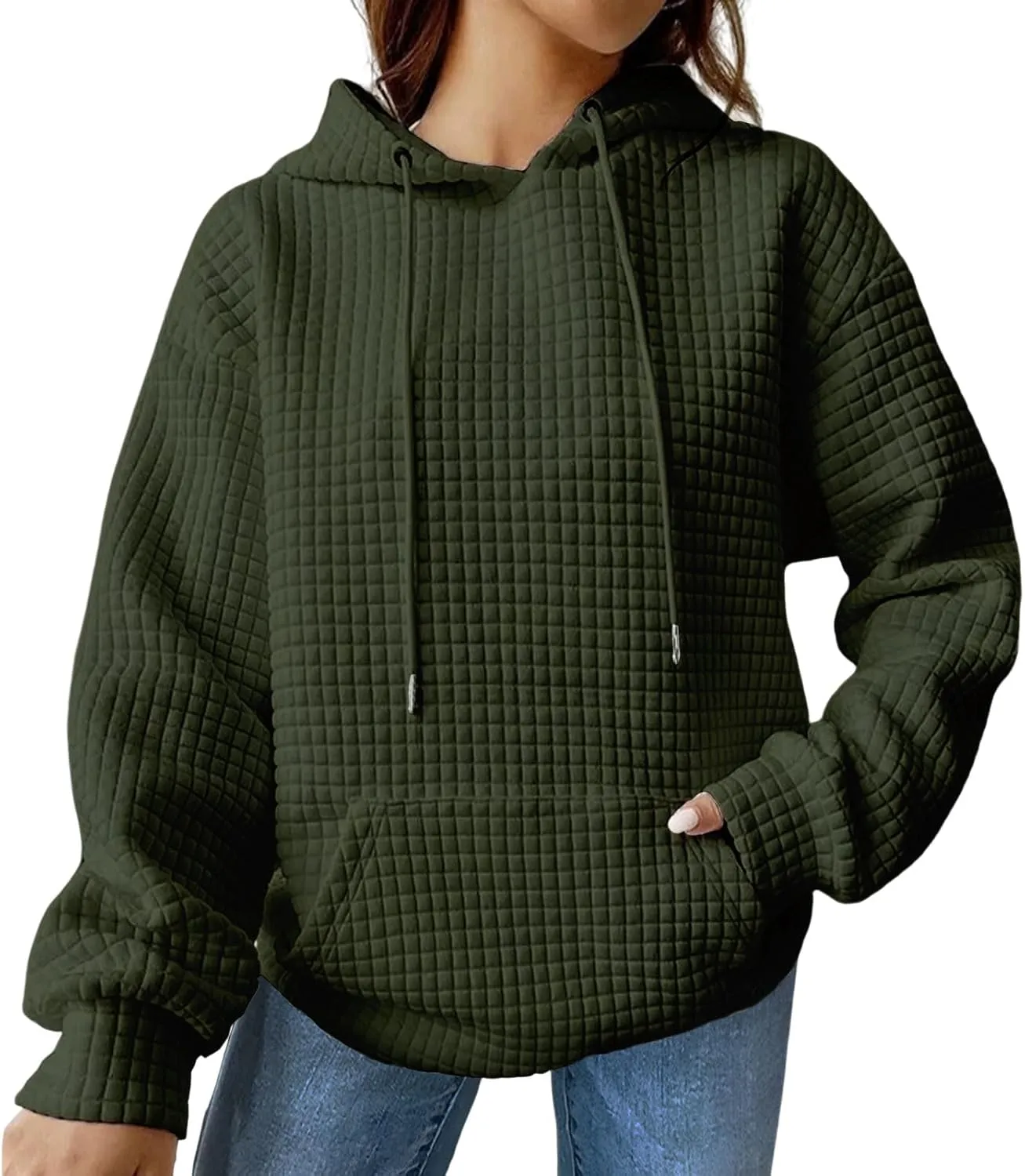 Women Oversized Hoodies Casual Basic Waffle Long Sleeve Pullover Top Solid Hooded Sweatshirt with Pocket