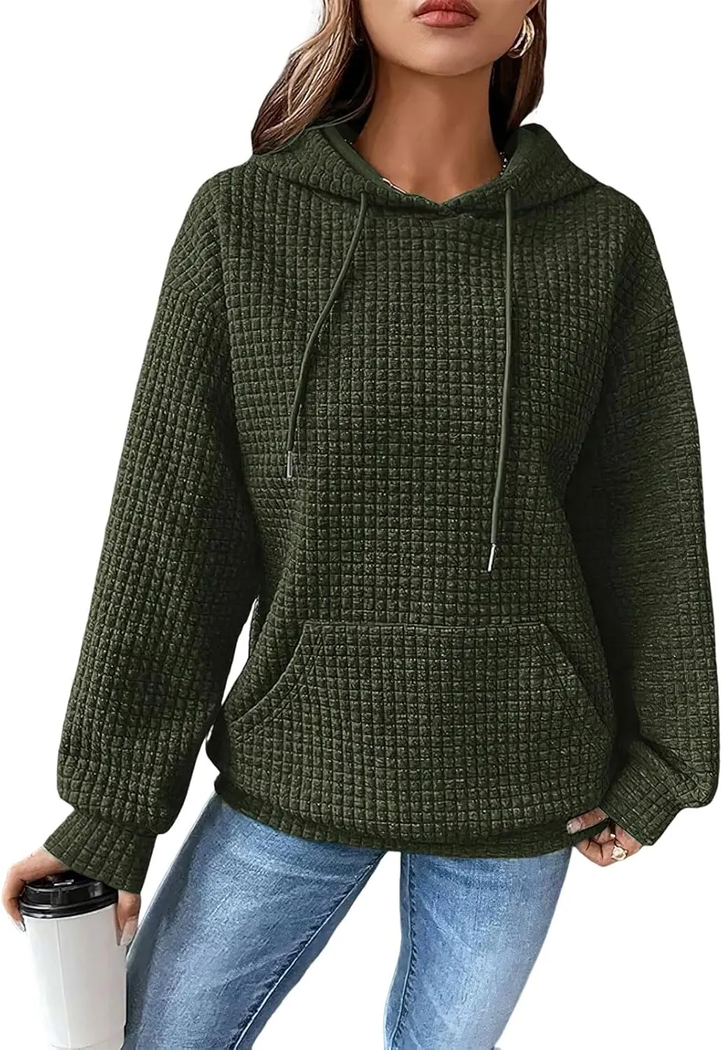 Women Oversized Hoodies Casual Basic Waffle Long Sleeve Pullover Top Solid Hooded Sweatshirt with Pocket