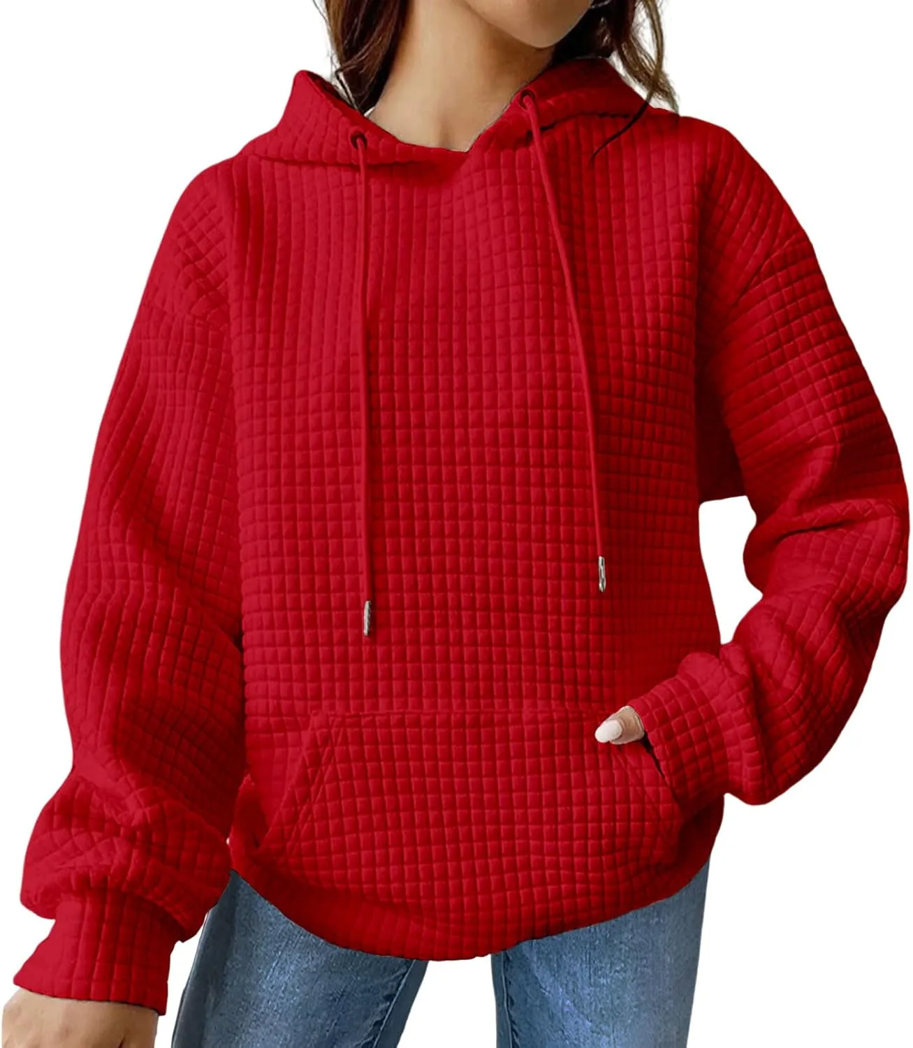 Women Oversized Hoodies Casual Basic Waffle Long Sleeve Pullover Top Solid Hooded Sweatshirt with Pocket