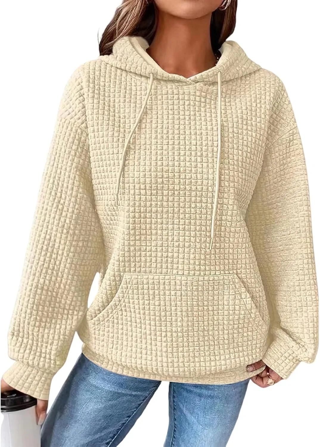 Women Oversized Hoodies Casual Basic Waffle Long Sleeve Pullover Top Solid Hooded Sweatshirt with Pocket