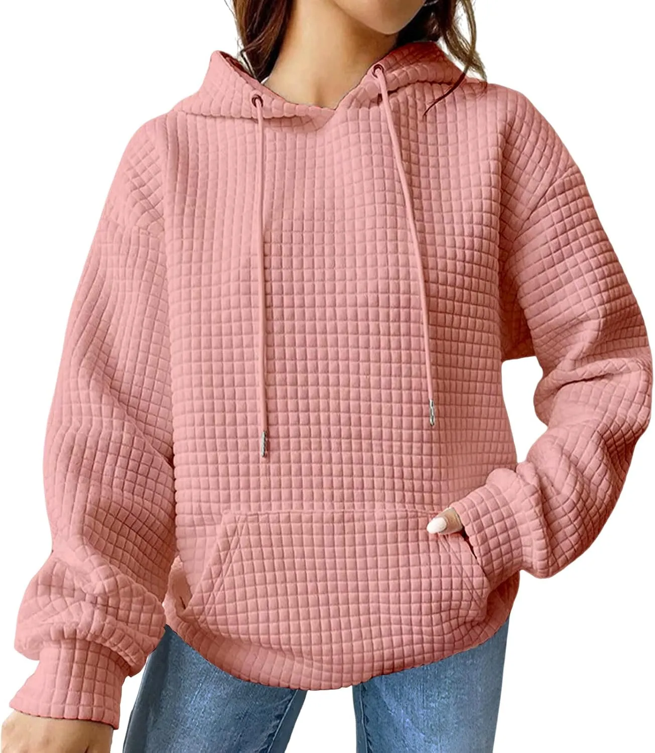 Women Oversized Hoodies Casual Basic Waffle Long Sleeve Pullover Top Solid Hooded Sweatshirt with Pocket
