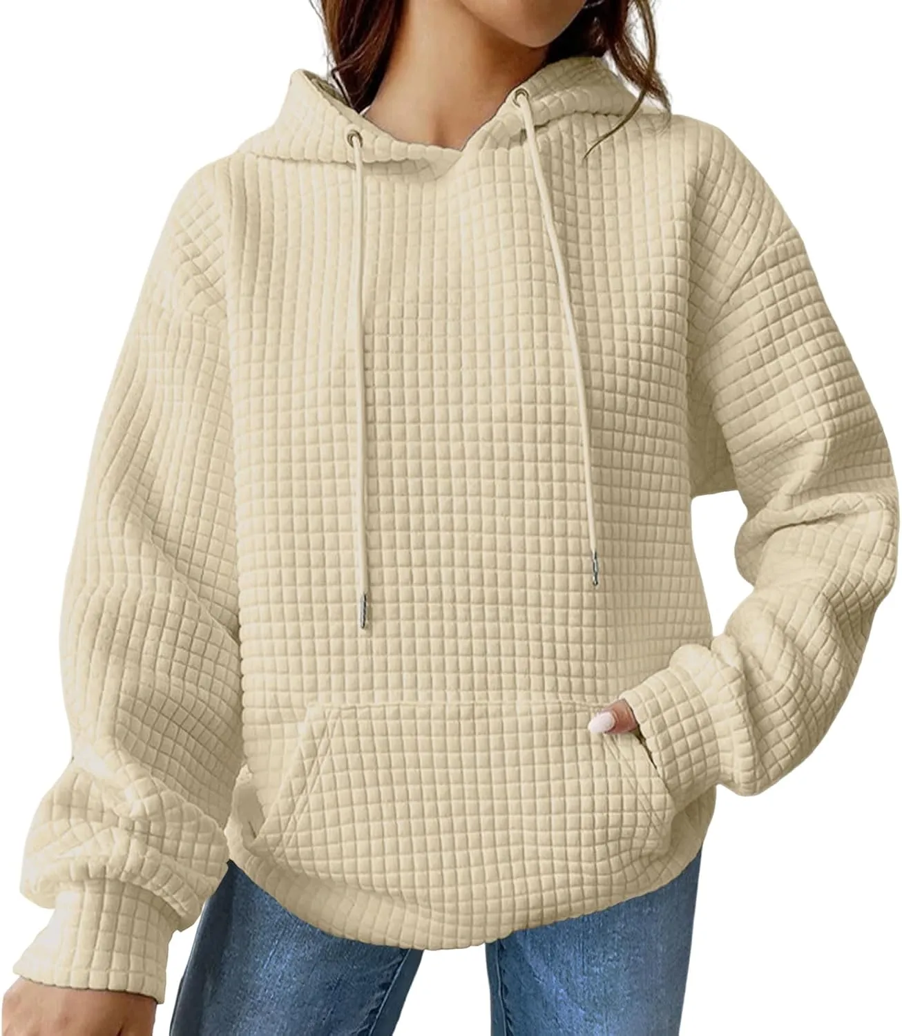 Women Oversized Hoodies Casual Basic Waffle Long Sleeve Pullover Top Solid Hooded Sweatshirt with Pocket