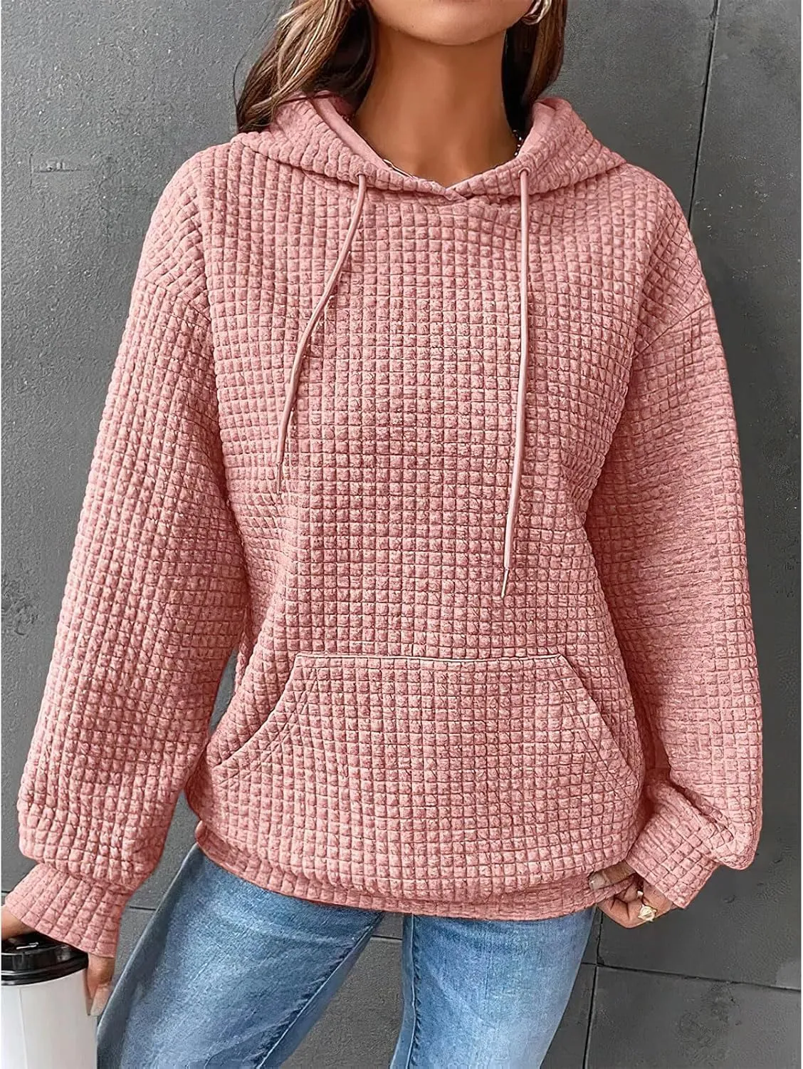 Women Oversized Hoodies Casual Basic Waffle Long Sleeve Pullover Top Solid Hooded Sweatshirt with Pocket