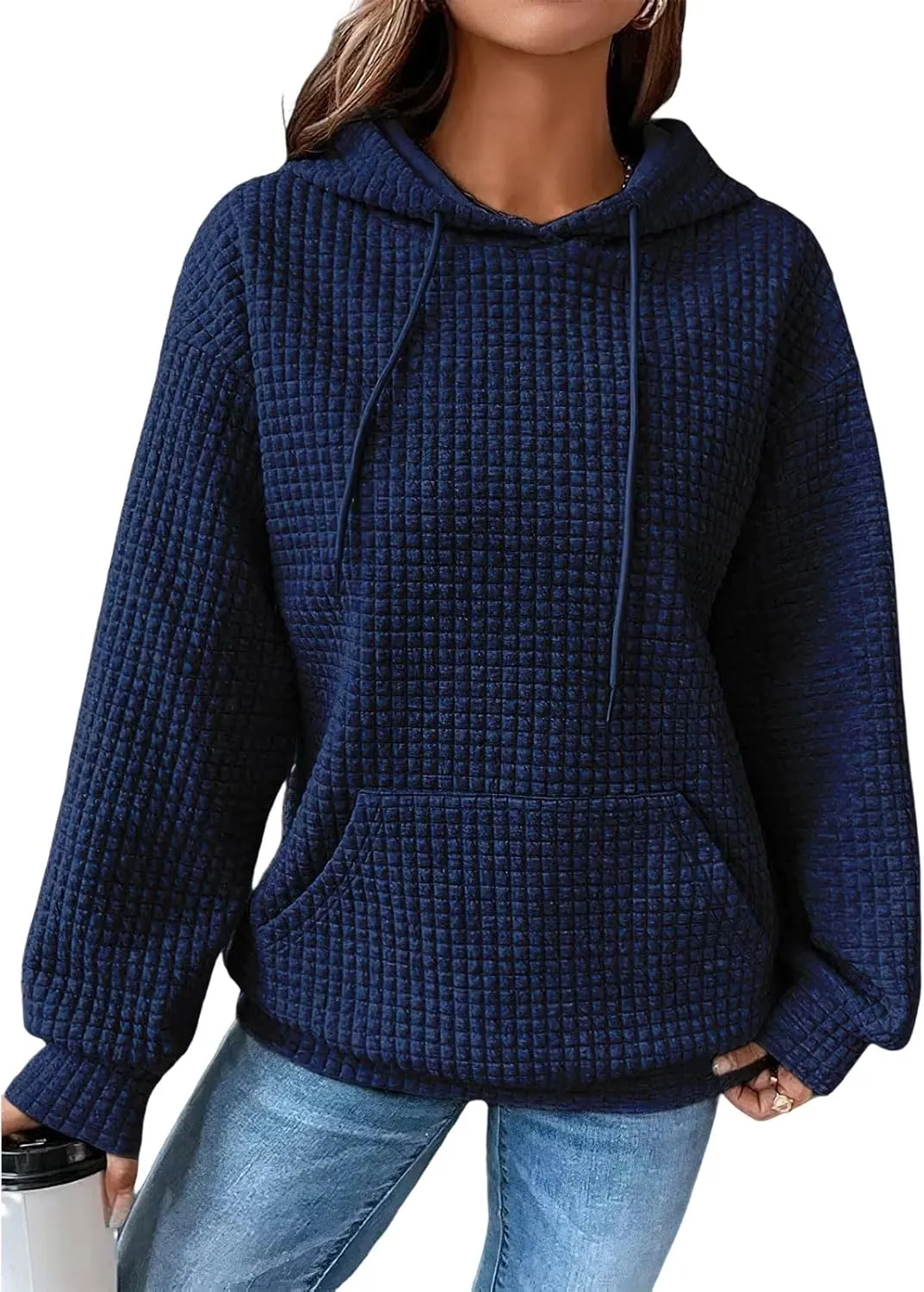 Women Oversized Hoodies Casual Basic Waffle Long Sleeve Pullover Top Solid Hooded Sweatshirt with Pocket