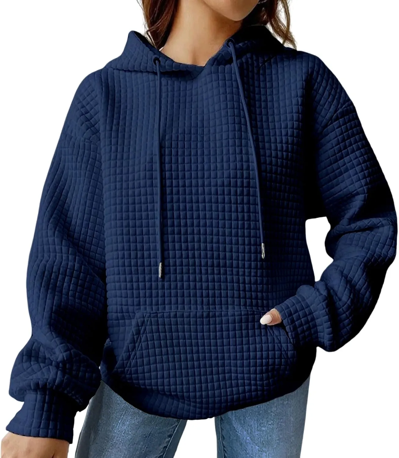 Women Oversized Hoodies Casual Basic Waffle Long Sleeve Pullover Top Solid Hooded Sweatshirt with Pocket