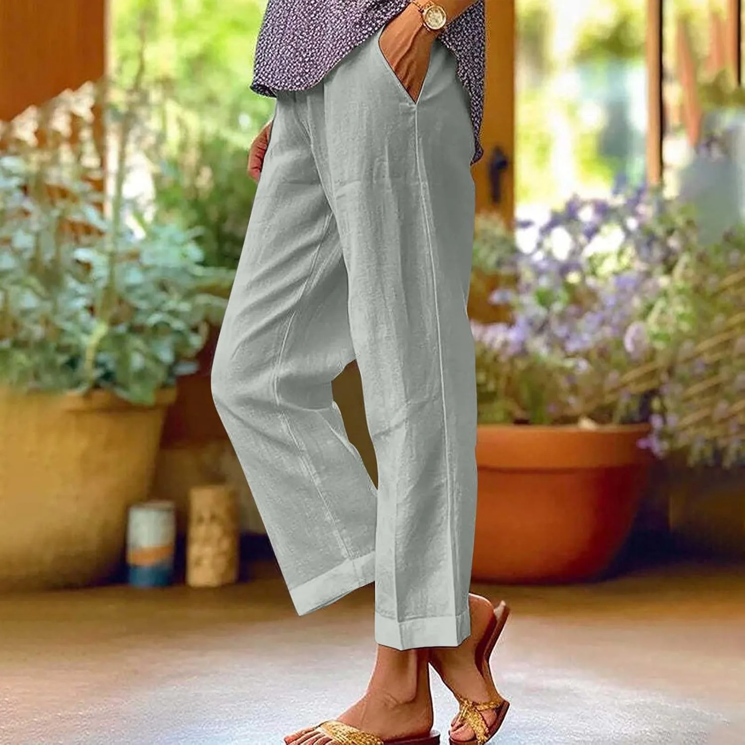 Women Plus Size Linen Pants Summer Casual Cotton Wide Leg Elastic High Waisted Loose Fit Long Trousers with Pockets