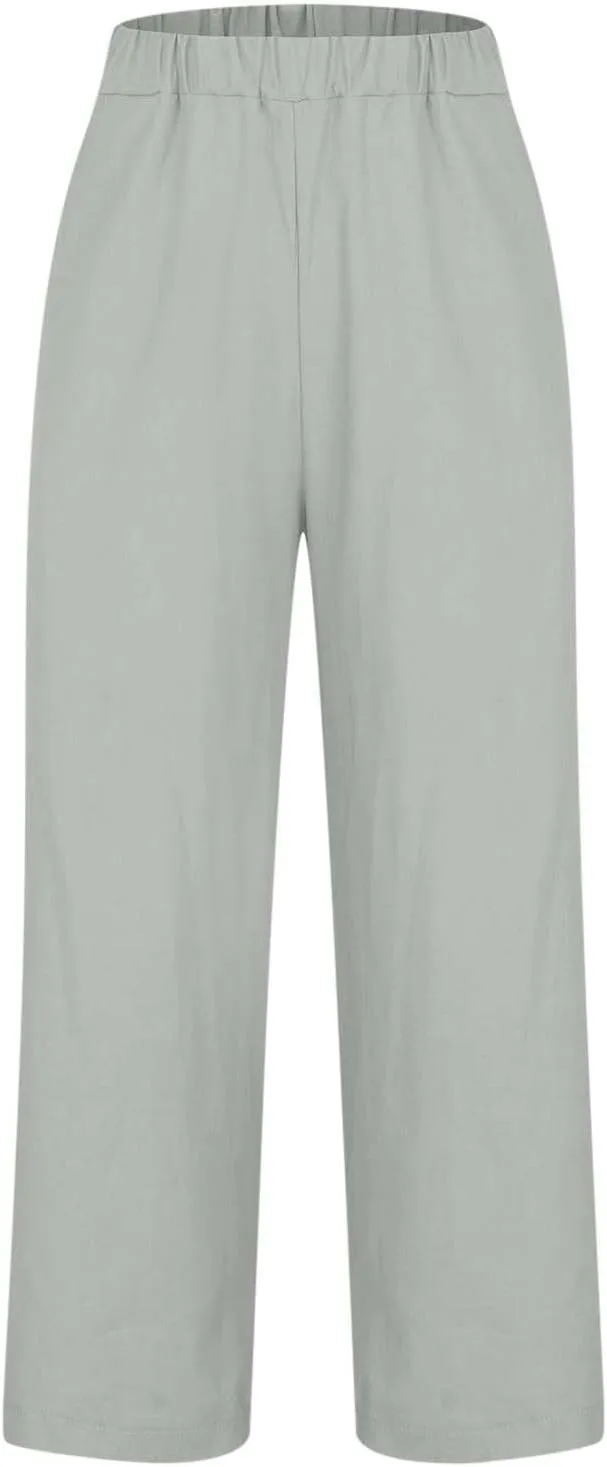 Women Plus Size Linen Pants Summer Casual Cotton Wide Leg Elastic High Waisted Loose Fit Long Trousers with Pockets