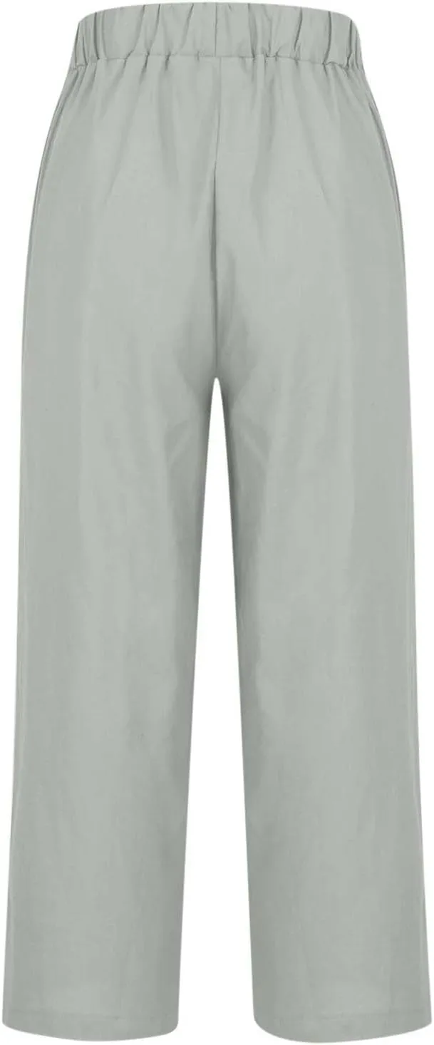 Women Plus Size Linen Pants Summer Casual Cotton Wide Leg Elastic High Waisted Loose Fit Long Trousers with Pockets
