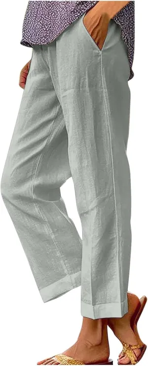 Women Plus Size Linen Pants Summer Casual Cotton Wide Leg Elastic High Waisted Loose Fit Long Trousers with Pockets