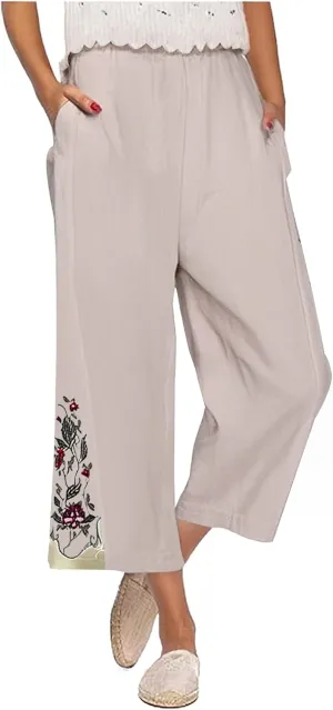 Women Retro Floral Embroidered Loose Crop Pants, Summer Cotton Linen Wide Leg Pants High Elastic Waist Pockets Trousers