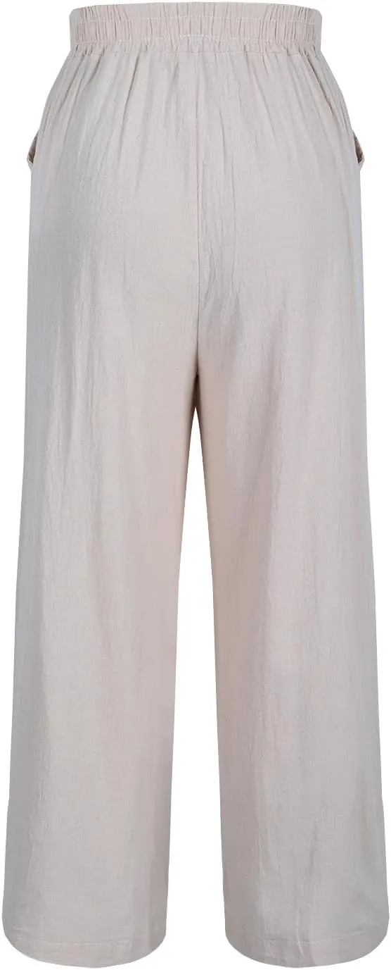 Women Retro Floral Embroidered Loose Crop Pants, Summer Cotton Linen Wide Leg Pants High Elastic Waist Pockets Trousers