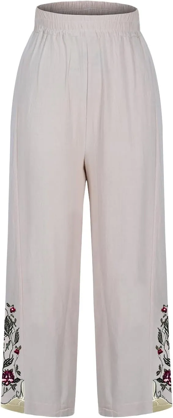 Women Retro Floral Embroidered Loose Crop Pants, Summer Cotton Linen Wide Leg Pants High Elastic Waist Pockets Trousers