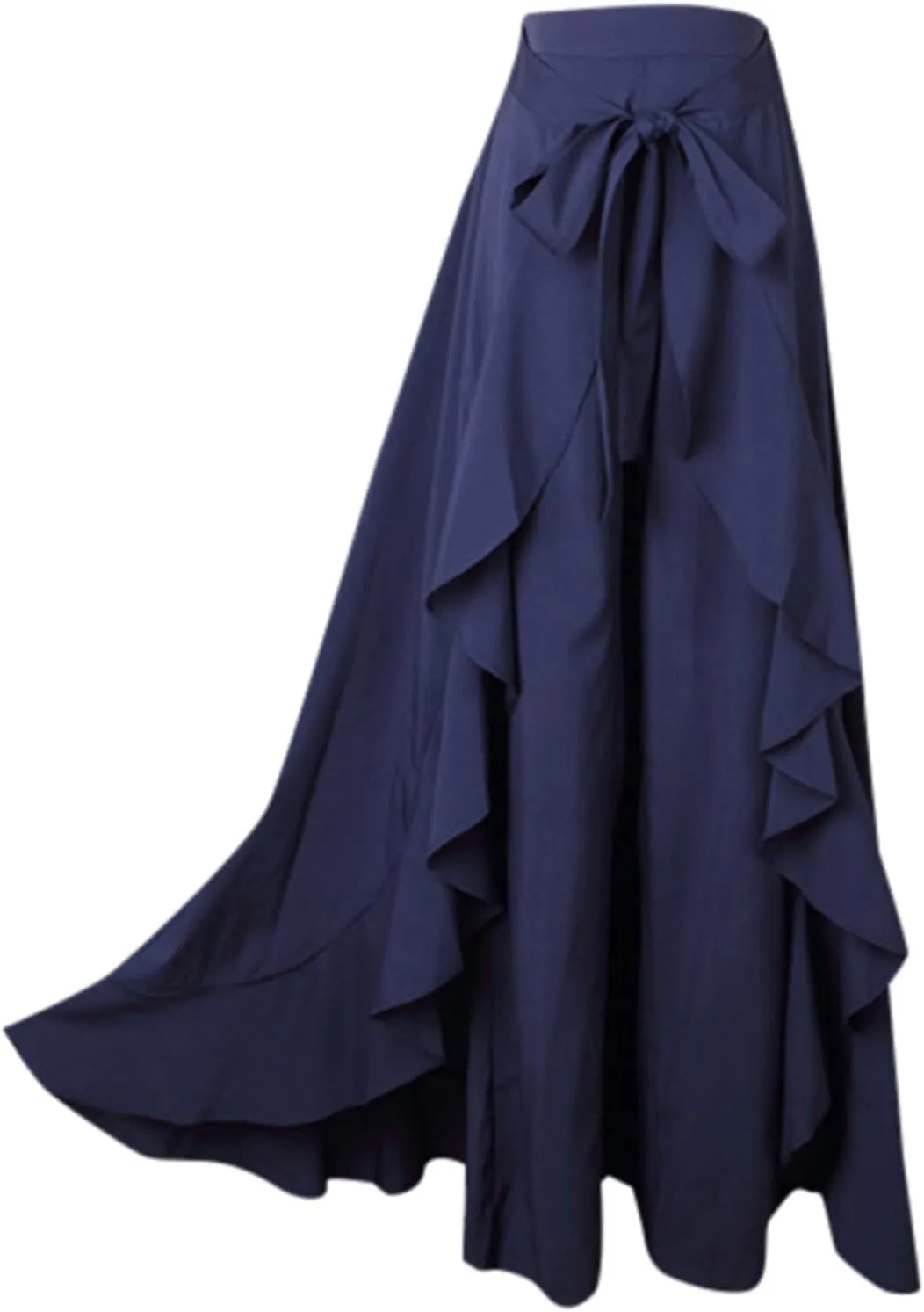 Women Ruffle Pants Flowy Trousers with Skirt High Waist Maxi Skirts Dressy Casual Skirts Lace Up Overlay Pant Skirts