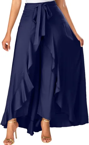 Women Ruffle Pants Flowy Trousers with Skirt High Waist Maxi Skirts Dressy Casual Skirts Lace Up Overlay Pant Skirts