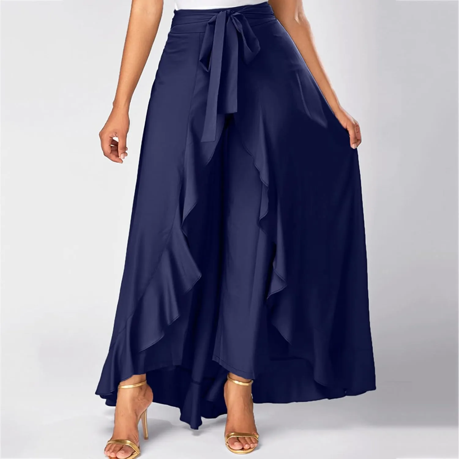 Women Ruffle Pants Flowy Trousers with Skirt High Waist Maxi Skirts Dressy Casual Skirts Lace Up Overlay Pant Skirts