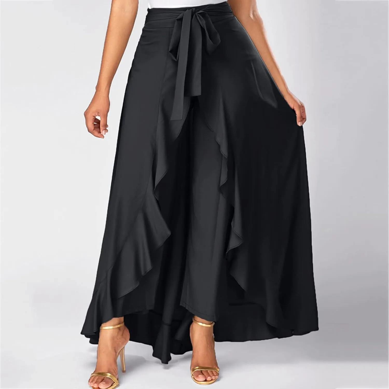 Women Ruffle Pants Flowy Trousers with Skirt High Waist Maxi Skirts Dressy Casual Skirts Lace Up Overlay Pant Skirts