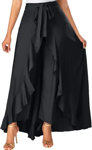 Women Ruffle Pants Flowy Trousers with Skirt High Waist Maxi Skirts Dressy Casual Skirts Lace Up Overlay Pant Skirts