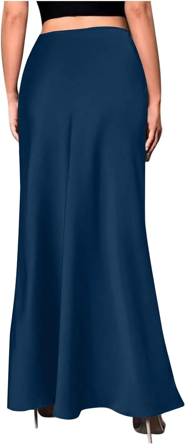 Women Satin Bodyocn Maxi Skirt Elegant High Waisted A Line Mermaid Skirts Cocktail Party Prom Casual Long Skirt