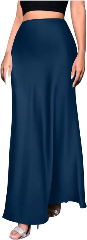 Women Satin Bodyocn Maxi Skirt Elegant High Waisted A Line Mermaid Skirts Cocktail Party Prom Casual Long Skirt