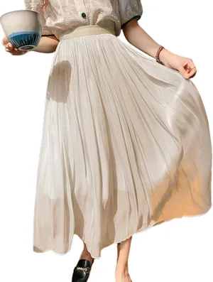 Women Skirt Summer Elastic High Waist Pleated Skirts Casual Midi Swing A-line Skirts