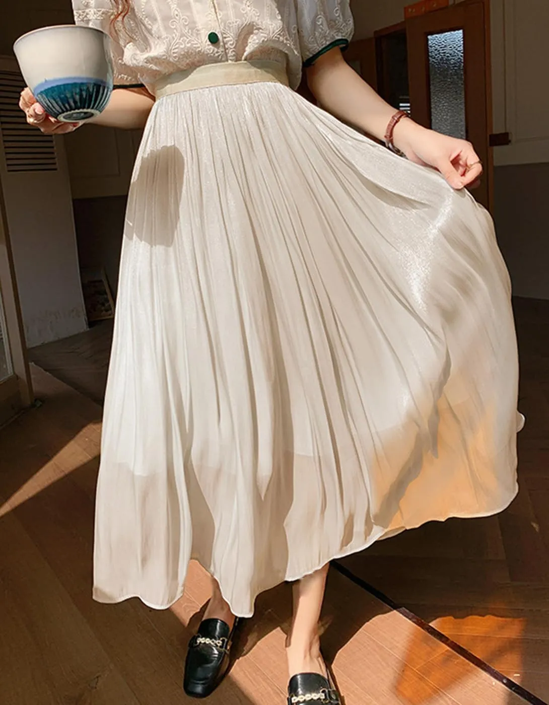Women Skirt Summer Elastic High Waist Pleated Skirts Casual Midi Swing A-line Skirts