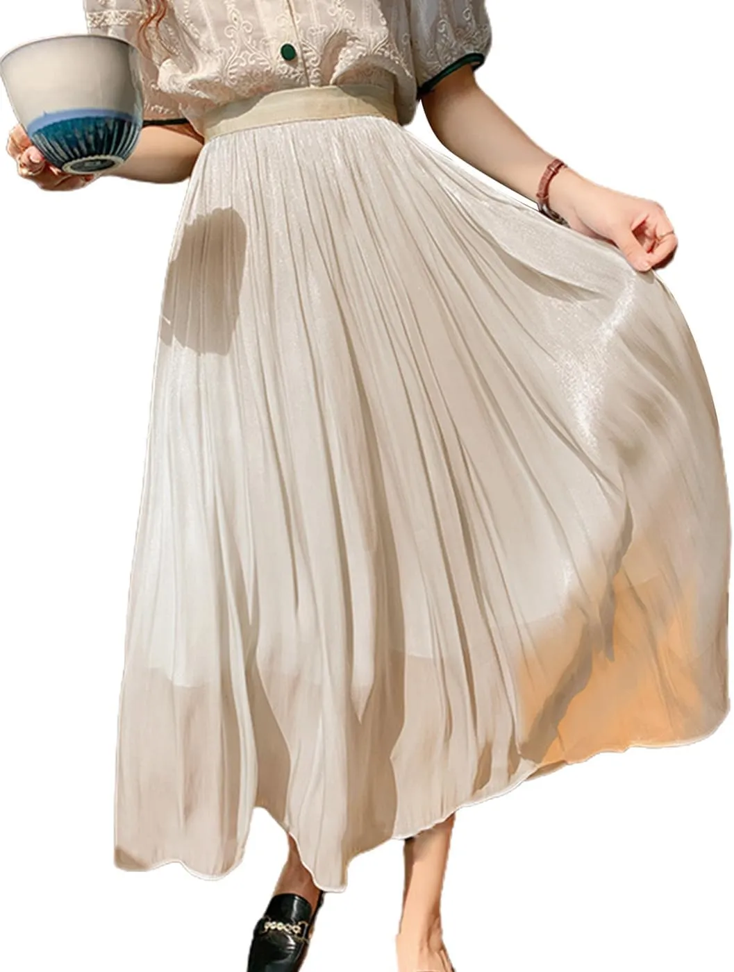 Women Skirt Summer Elastic High Waist Pleated Skirts Casual Midi Swing A-line Skirts