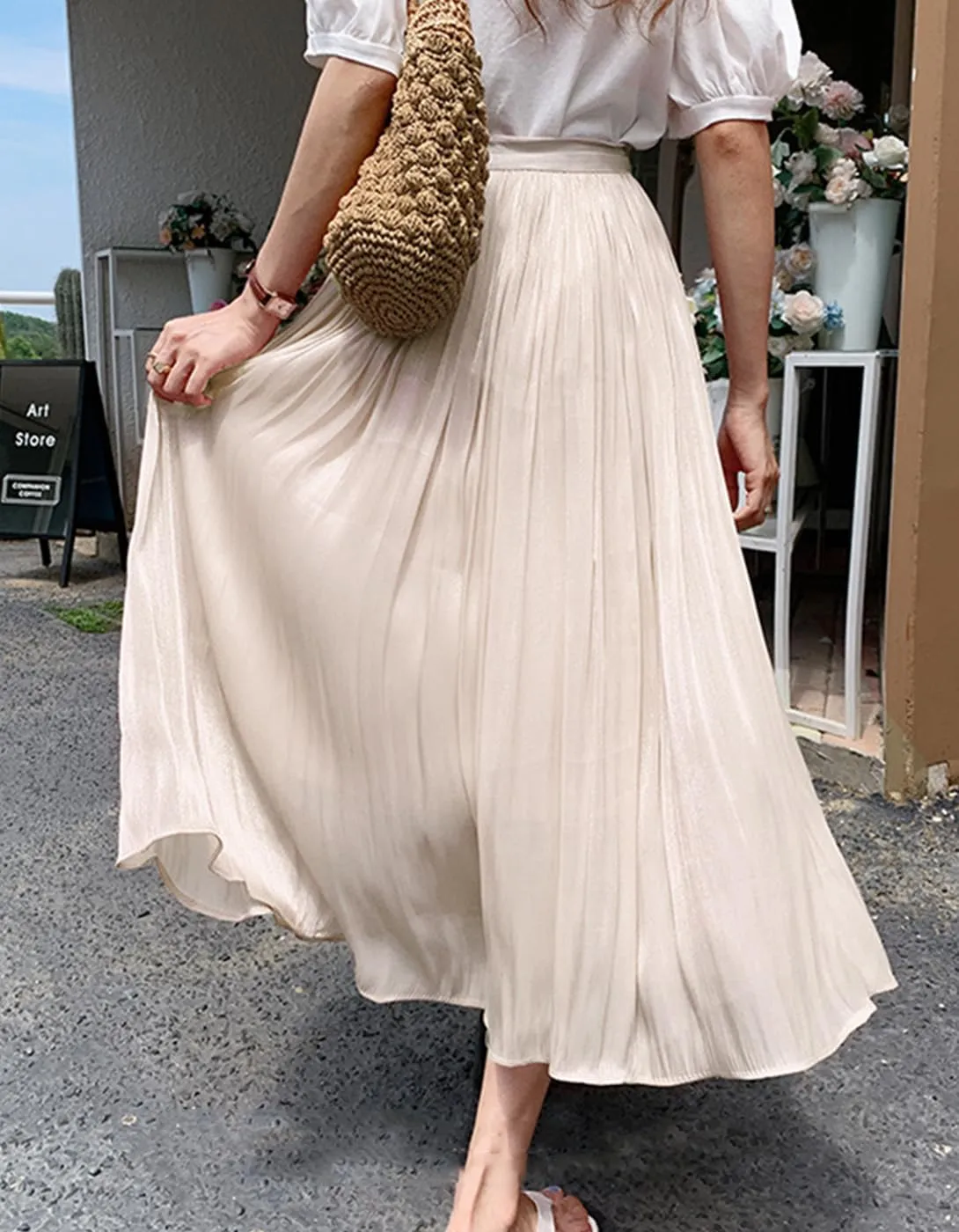 Women Skirt Summer Elastic High Waist Pleated Skirts Casual Midi Swing A-line Skirts