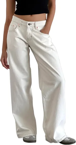 Women Straight Leg Boyfriend Jeans Low Waist Wide Leg Baggy Jeans Vintage Denim Pants