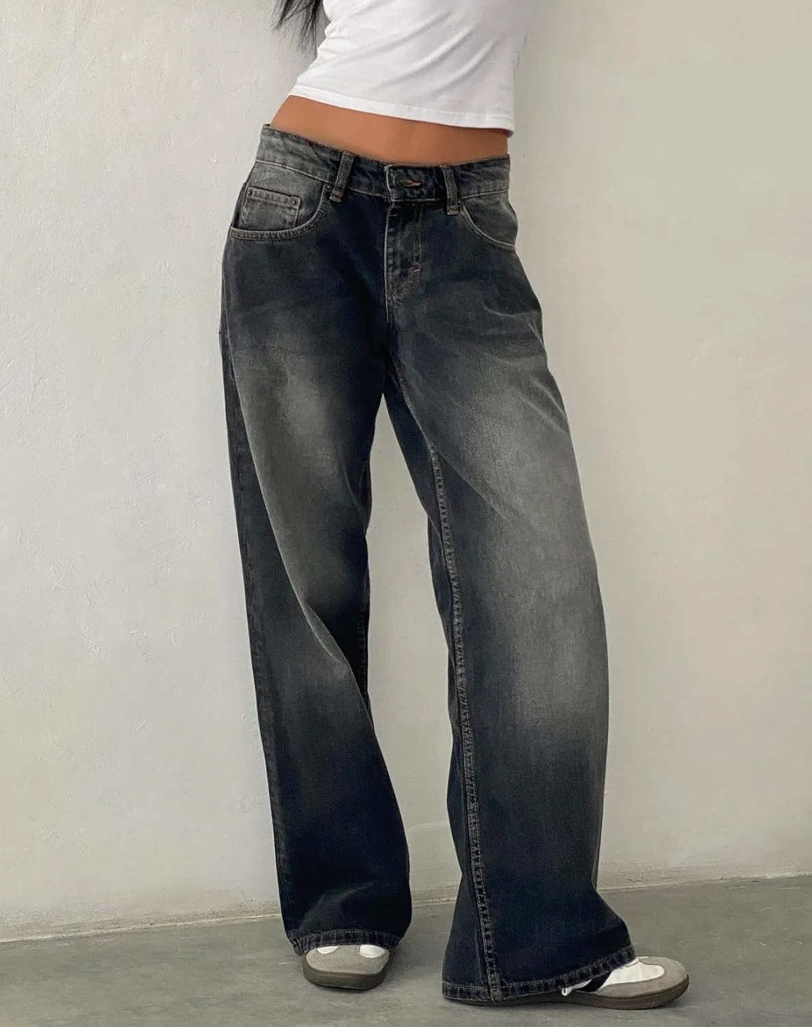 Women Straight Leg Boyfriend Jeans Low Waist Wide Leg Baggy Jeans Vintage Denim Pants