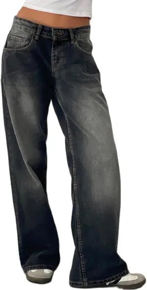 Women Straight Leg Boyfriend Jeans Low Waist Wide Leg Baggy Jeans Vintage Denim Pants