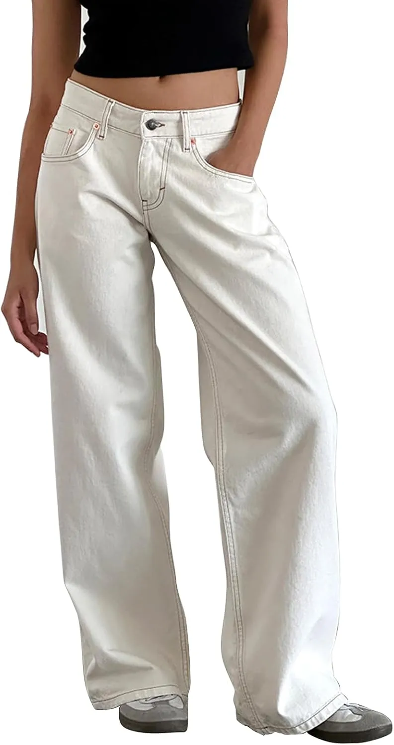 Women Straight Leg Boyfriend Jeans Low Waist Wide Leg Baggy Jeans Vintage Denim Pants