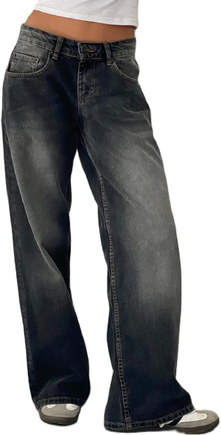 Women Straight Leg Boyfriend Jeans Low Waist Wide Leg Baggy Jeans Vintage Denim Pants