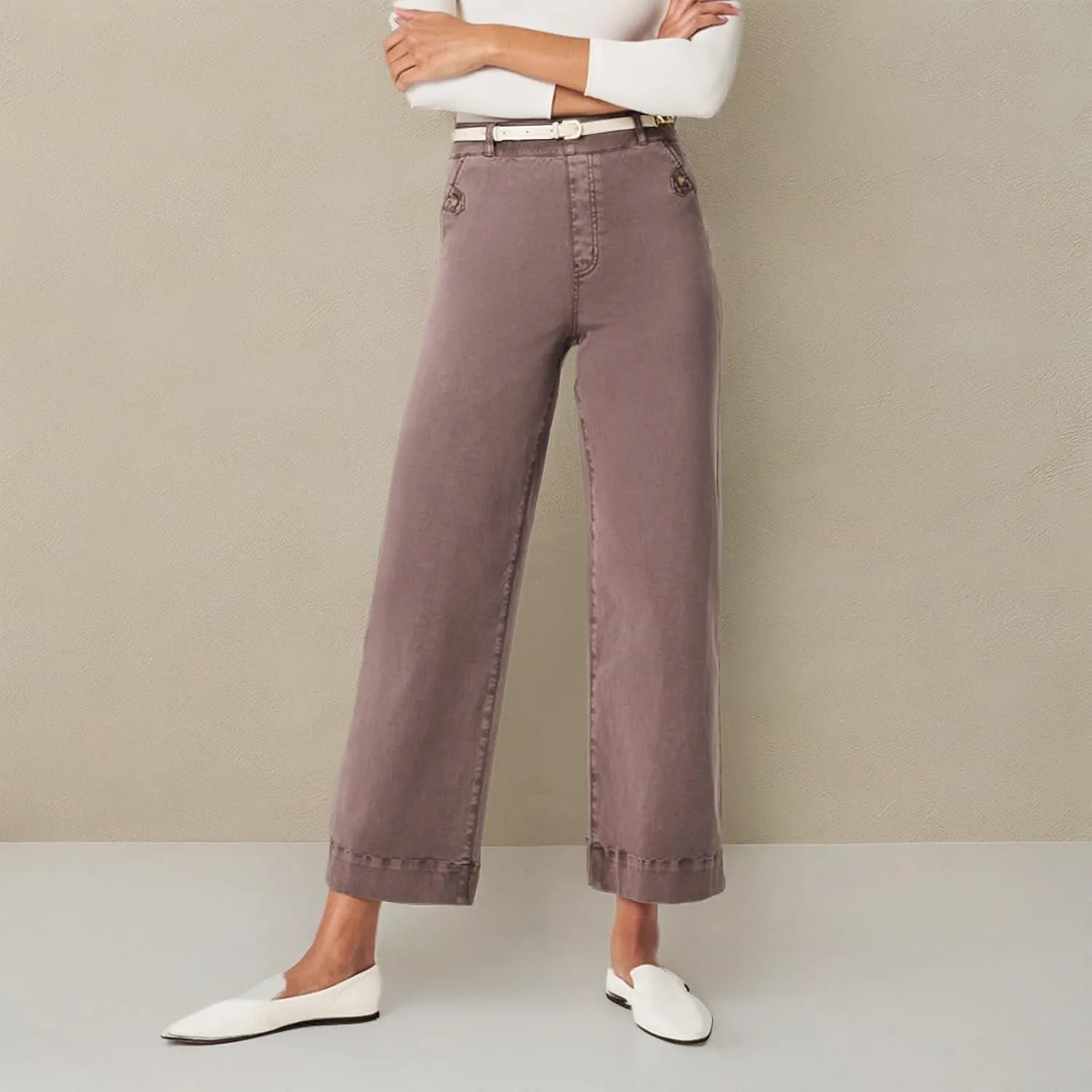 Women Stretch Twill Cropped Wide Leg Pant High Waist Straight Leg Chino Pants Casual Capri Pants Ankle Jeans