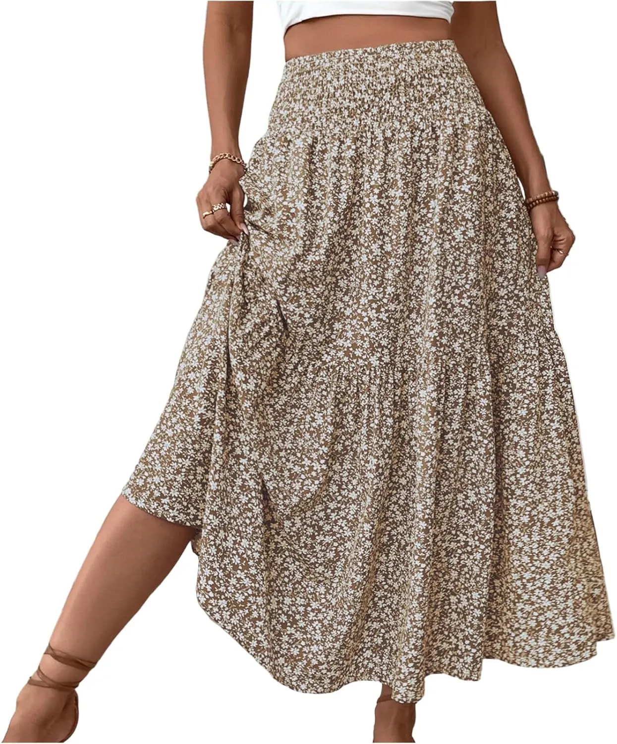 Women Summer Boho Floral Smocked Elastic High Waist Flowy Swing Pleated Maxi Skirts Vacation Print A-Line Long Skirts