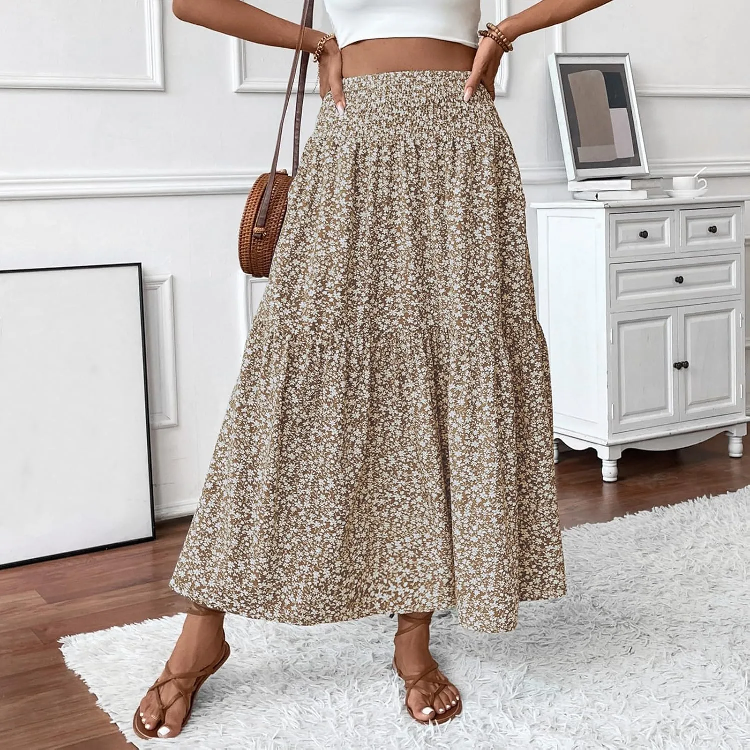Women Summer Boho Floral Smocked Elastic High Waist Flowy Swing Pleated Maxi Skirts Vacation Print A-Line Long Skirts