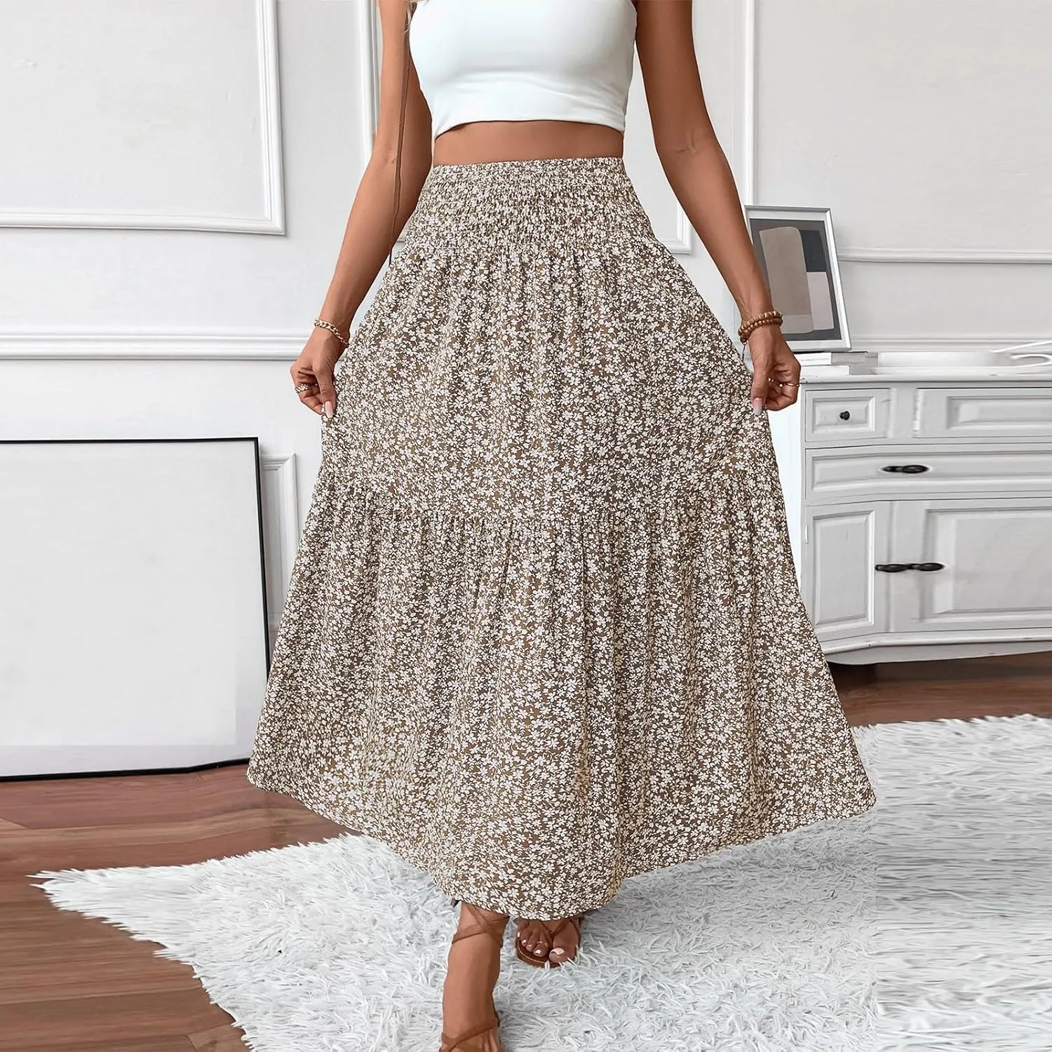 Women Summer Boho Floral Smocked Elastic High Waist Flowy Swing Pleated Maxi Skirts Vacation Print A-Line Long Skirts