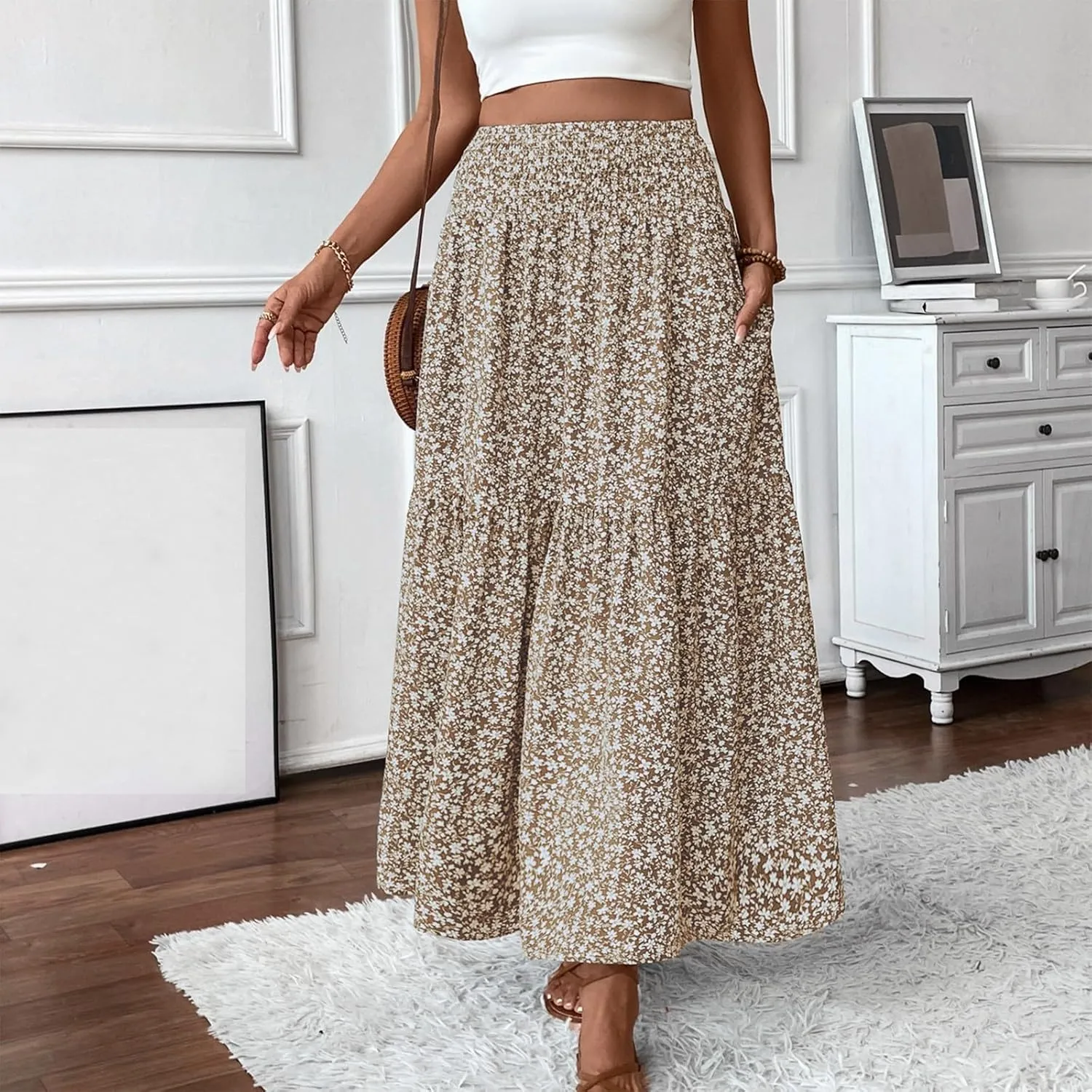 Women Summer Boho Floral Smocked Elastic High Waist Flowy Swing Pleated Maxi Skirts Vacation Print A-Line Long Skirts