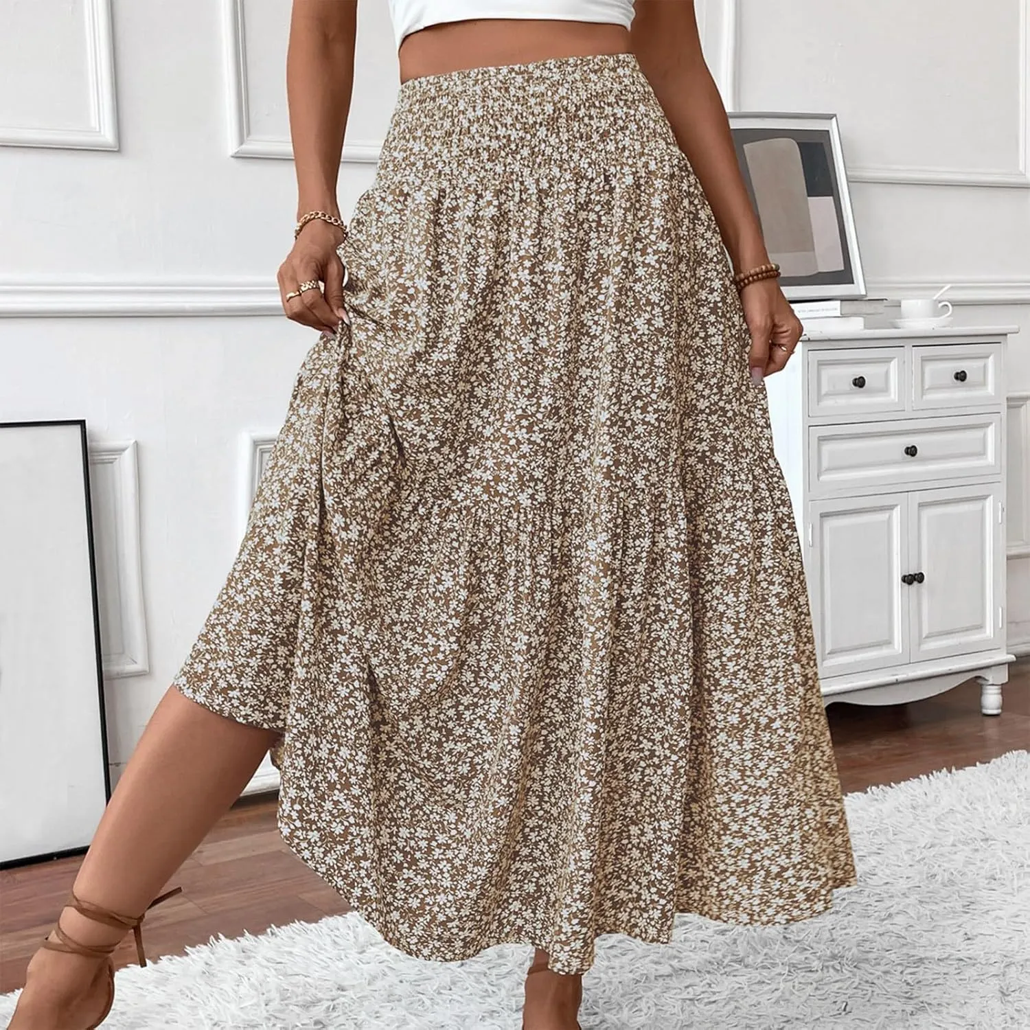 Women Summer Boho Floral Smocked Elastic High Waist Flowy Swing Pleated Maxi Skirts Vacation Print A-Line Long Skirts
