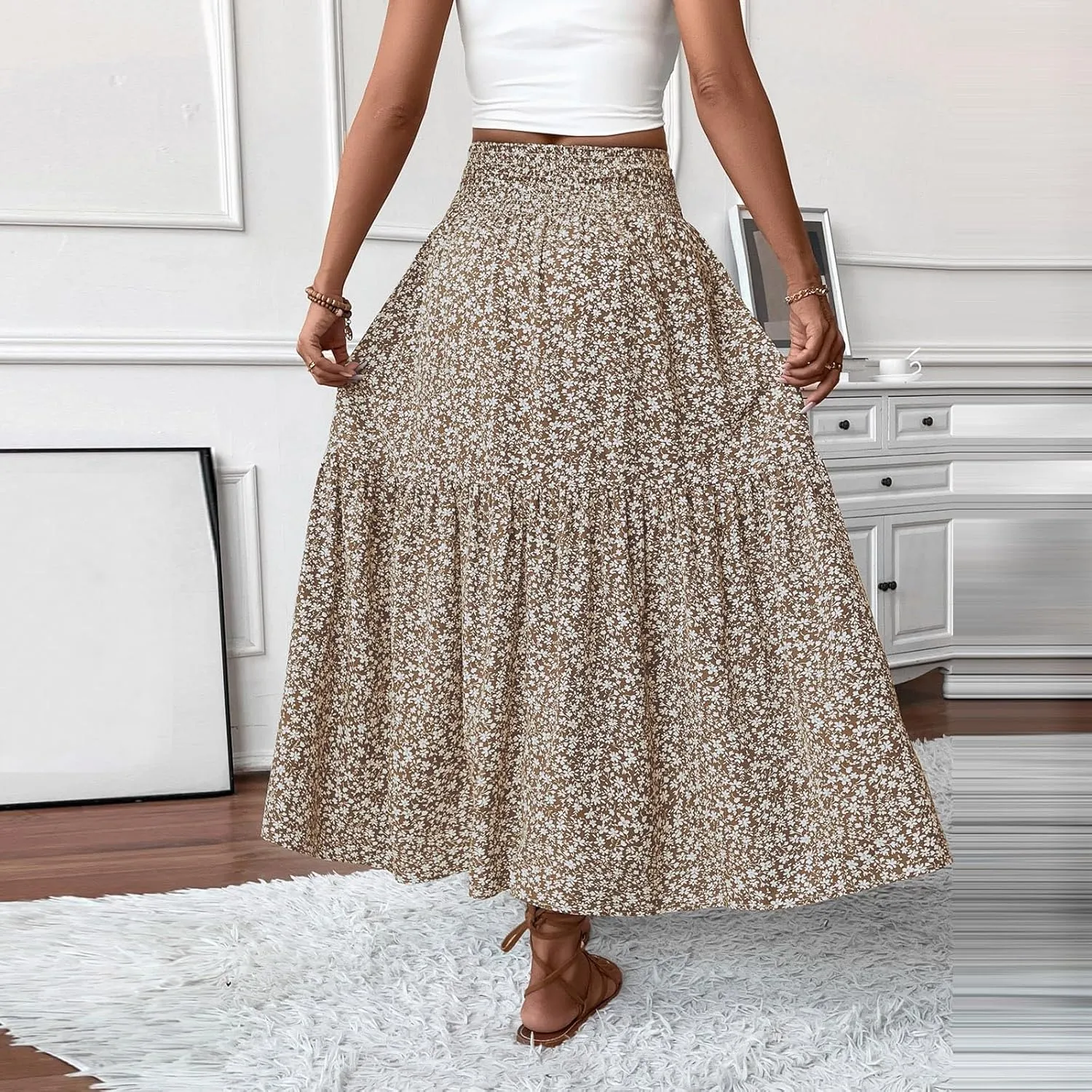 Women Summer Boho Floral Smocked Elastic High Waist Flowy Swing Pleated Maxi Skirts Vacation Print A-Line Long Skirts