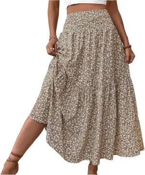 Women Summer Boho Floral Smocked Elastic High Waist Flowy Swing Pleated Maxi Skirts Vacation Print A-Line Long Skirts