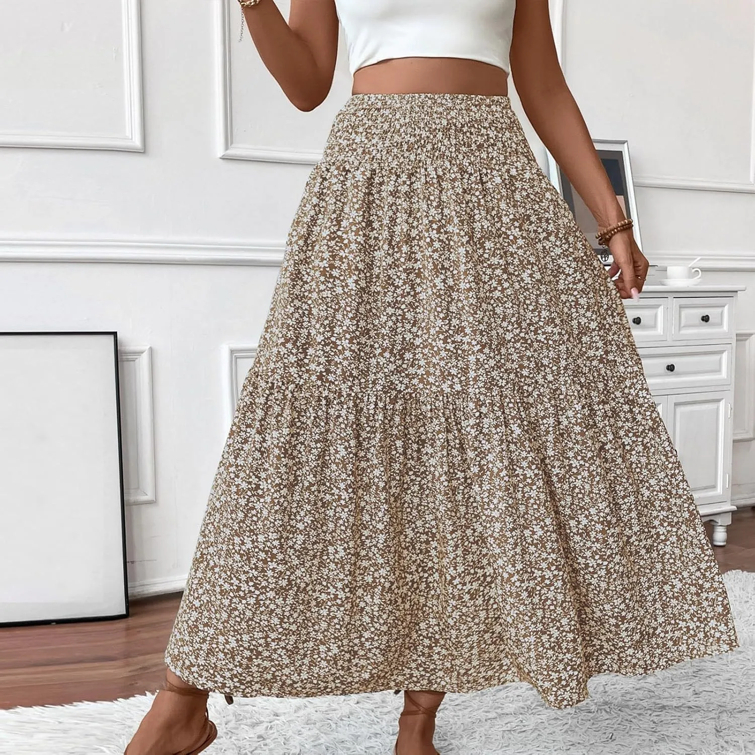 Women Summer Boho Floral Smocked Elastic High Waist Flowy Swing Pleated Maxi Skirts Vacation Print A-Line Long Skirts