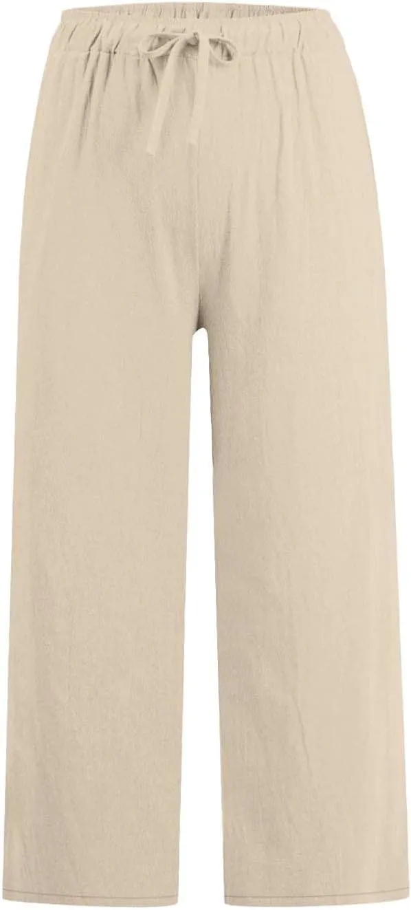 Women Summer Pants 2024 Cotton Linen High Waisted Cropped Pant Drawstring Elastic Casual Trousers with Pockets