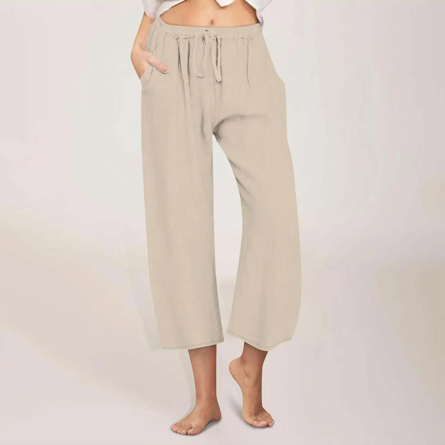 Women Summer Pants 2024 Cotton Linen High Waisted Cropped Pant Drawstring Elastic Casual Trousers with Pockets