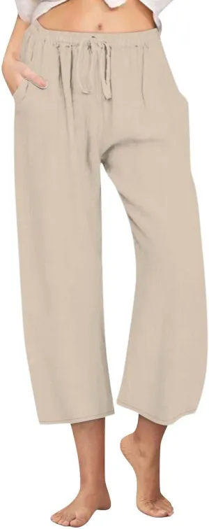 Women Summer Pants 2024 Cotton Linen High Waisted Cropped Pant Drawstring Elastic Casual Trousers with Pockets