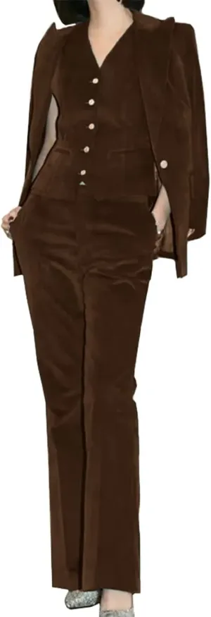 Women Velvet Pant Suits Peaked Lapel Wedding Tuxedos 3 Piece Blazer Jacket Vest Pants